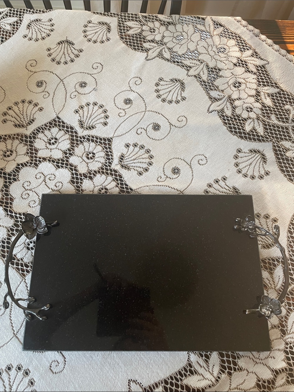 Michael Aram Black Nickel Plate Blossom Handle Granite Cheese Board Serving Tray